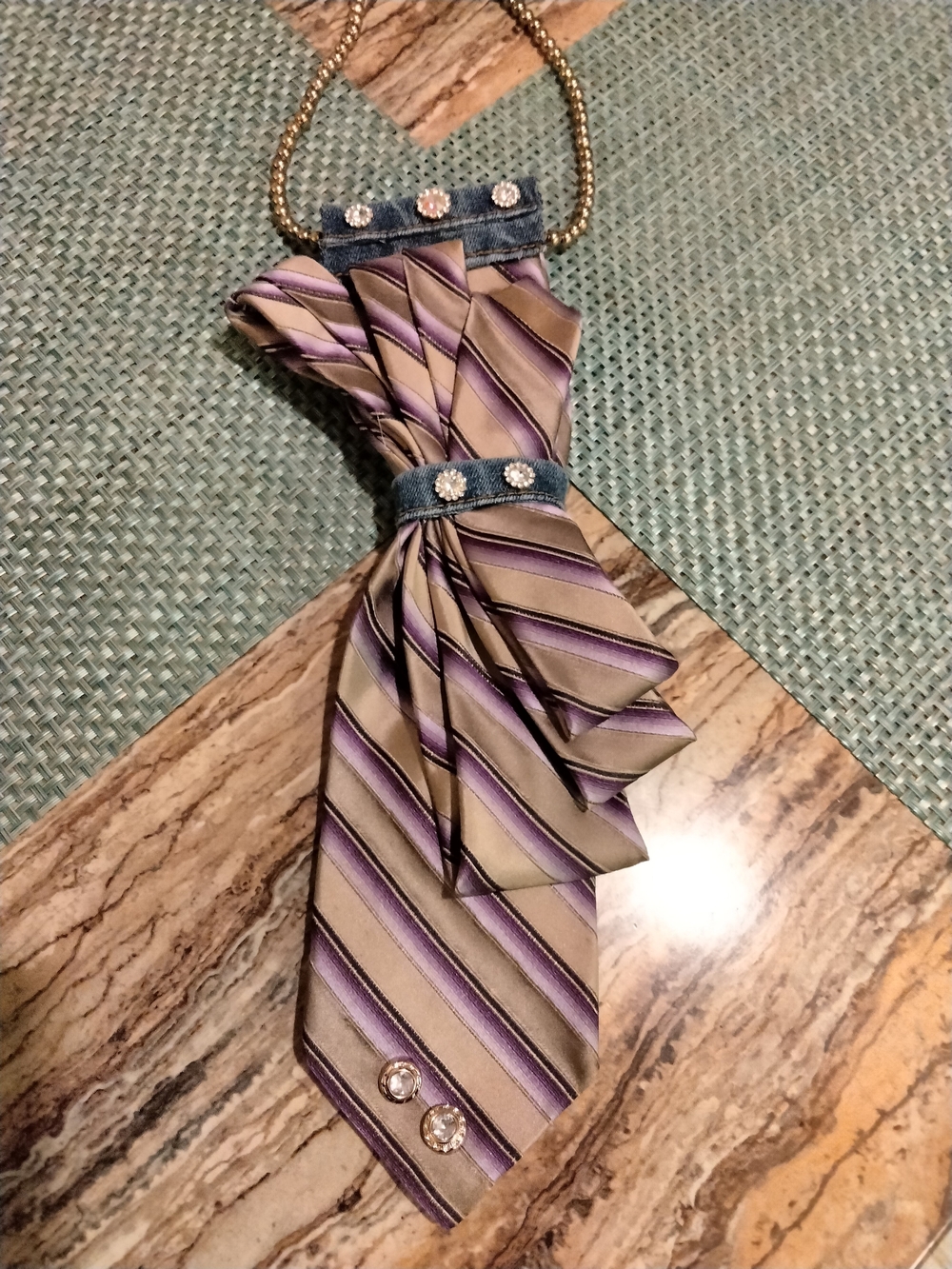 Men And Women Beige and Purple Striped Tie Necklace - Denim Accents